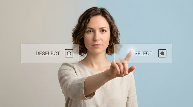 Woman, technology and selection with virtual screen for decision, user interface and digital choice. Person, interface and button with touching glass, interactive media and software for the future