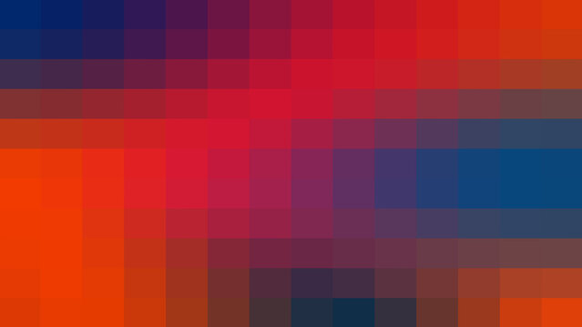Abstract pixelated mosaic background featuring a bold and vibrant gradient of warm orange, intense red, and cool blue, creating a distinct blocky pattern with sharp edges