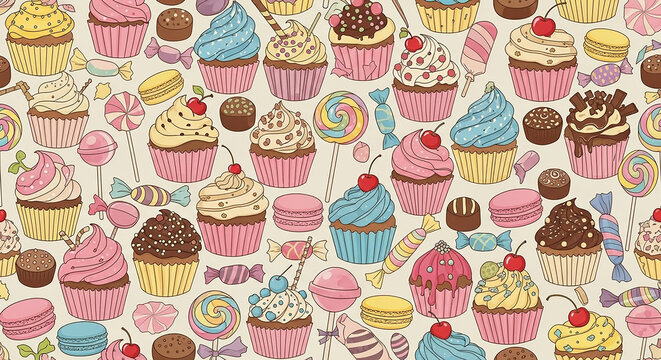 Colorful assortment of cupcakes desserts and candy lollipops illustration design