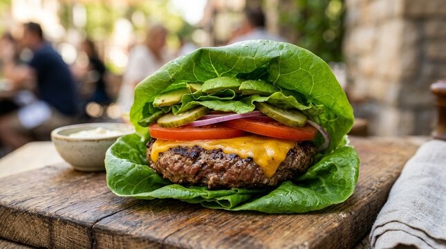 Burger with Lettuce Wrap Instead of a Bun, Fresh and Colorful &ndash; Close-Up Fast Food Photography