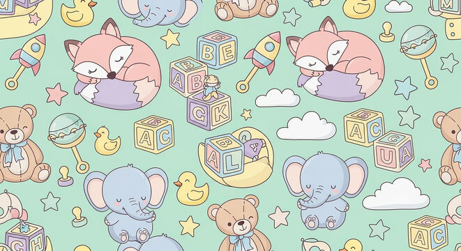 Colorful cartoon animals playing with educational baby toys pattern design