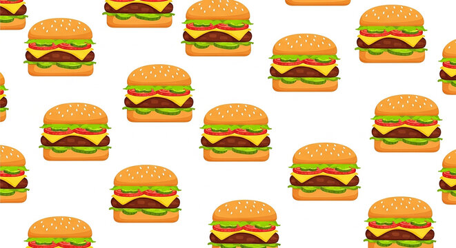 Colorful cartoon hamburgers arranged in repeating pattern design