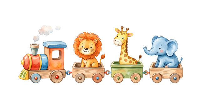Hand painted watercolor illustration of a cute cartoon animal train with lion giraffe and elephant for nursery room decor and kids themed party design