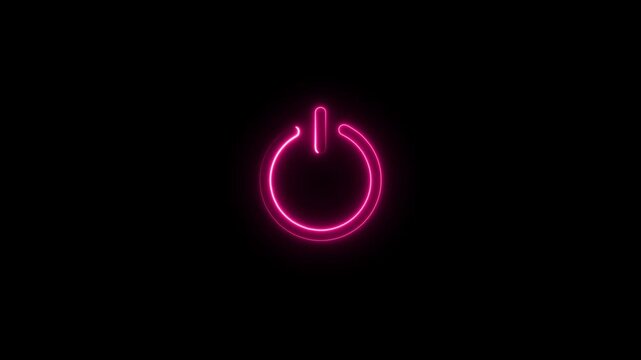 Neon pink power button glowing in dark background, digital technology interface symbol animation