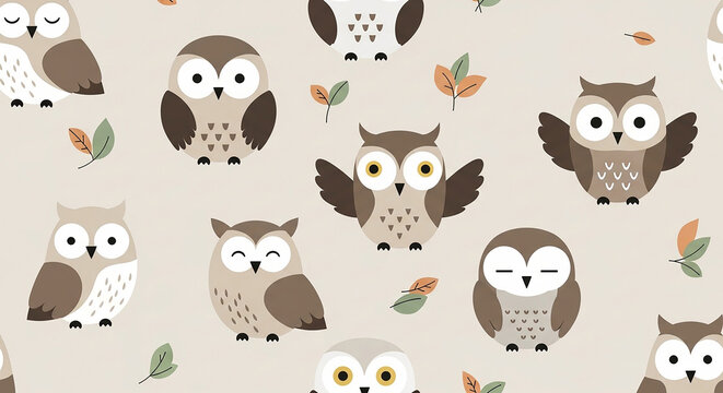 Cute cartoon owls pattern with leaves and transparent background design