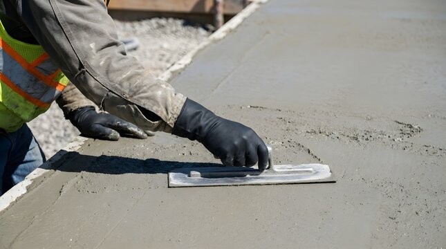 Worker hands wearing protective gloves using steel hand trowel to smooth and level fresh wet concrete floor surface outdoors.