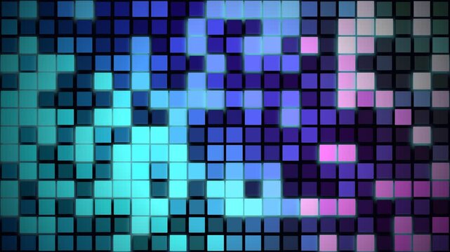 Abstract digital mosaic of vibrant blue and purple glowing square pixels