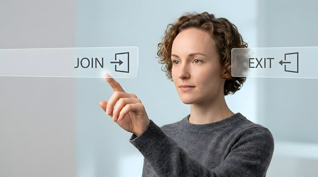 Join button, technology and woman with interface for digital connection, membership and online access. Choice, future and innovative software with user experience, click and virtual display screen.