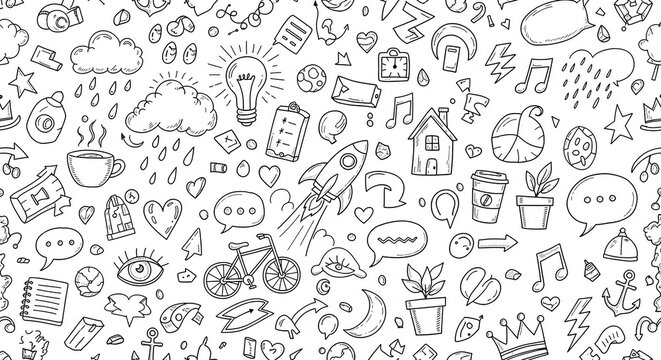 Creative collection of various doodle icons on transparent background