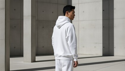 Obraz premium Young East Asian man wearing a blank white hoodie in a minimalist concrete architectural plaza