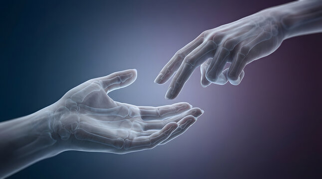 X-ray, medical and skeletal hands for healthcare, orthopedic and radiology scan. Human anatomy, bone and joint with reaching, helping and partnership for biology, science and insurance diagnostic