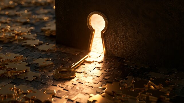 Golden key peeks through a puzzle, hinting at hidden possibilities and solutions, symbolizing discovery and unlocking potential