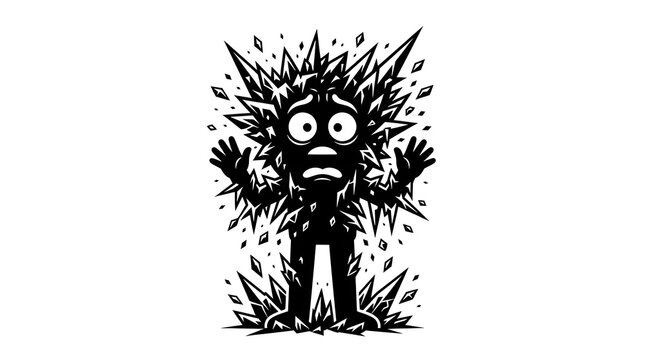 Black and white vector illustration of a shocked cartoon character completely frozen in ice crystals, expressing fear and extreme cold
