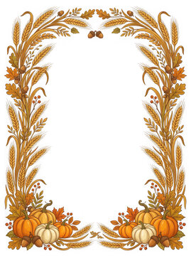 Elegant autumn harvest border with wheat stalks pumpkins and acorns decorative frame isolated on transparent background
