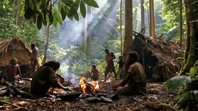 Respectful documentary-style scene of an Indigenous forest community in Central Africa preparing food and carrying out daily activities near simple traditional shelters, dense