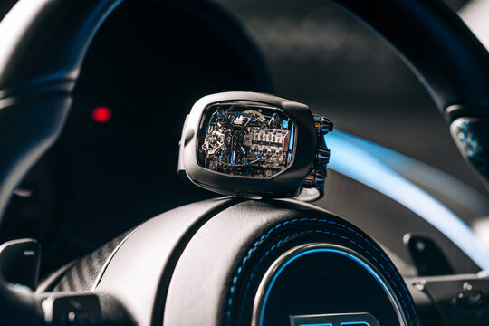 LA, CA, USA
September 2, 2026
Jacob and Co. Bugatti Chiron Tourbillon Skeleton Titanium Watch on the engine