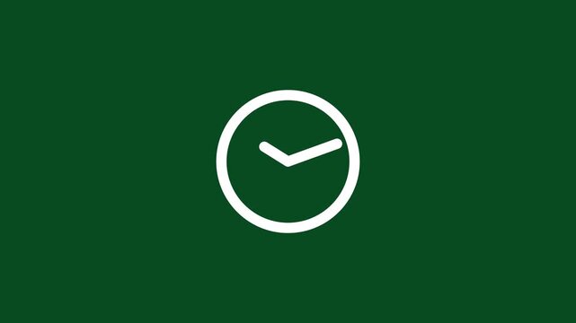 Minimalist white clock animation on dark green background, time passing concept, seamless loop motion minimalist