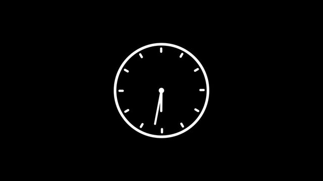 Minimalist white clock face animation spinning fast on black background, time passing concept motion