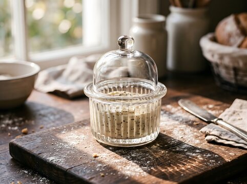 Butter Infused with Black Truffle in a Vintage Ribbed Glass Cloche Dish on a Rustic Wooden Cutting Board in a Warm Kitchen Ideal for Gourmet Culinary and Breakfast Food Design Projects