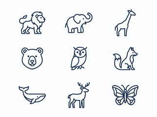 Obraz premium Wild Animals and Sea Creatures Hand Drawn Outline Vector Icon Collection