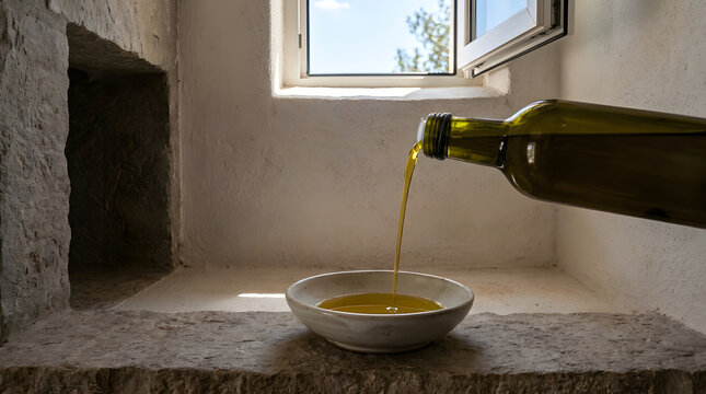 Olive oil, pouring and bottle into bowl for clean cooking, kitchen and food preparation. Mediterranean diet, organic and extra virgin with liquid gold, rural stone house and natural sunlight.