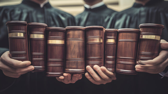Group of Judges Holding Vintage Law Books in Black Robes Representing Justice and Legal System Concept