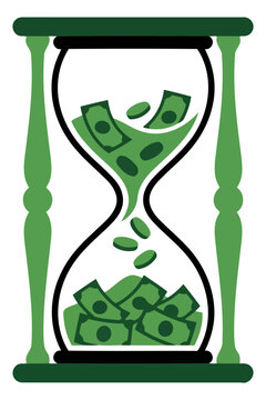 Hourglass filled with money bills and coins representing time is money and financial planning