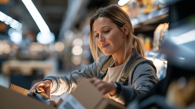 Lone employee restocking shelves during a quiet overnight shift in a vast twenty-four-hour supermarket, long empty aisles under fluorescent lighting, pallet and cardboard boxes