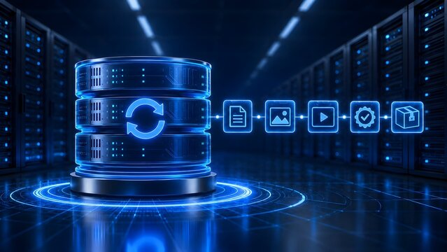 Abstract Data Backup and Synchronization in Server Room Cloud Storage Technology Concept