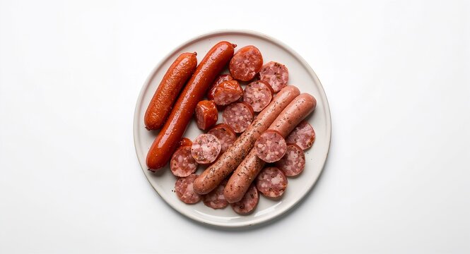 Clean minimalist photograph of artisanal sausage varieties including smoked kielbasa and herbed � Food Photography for Restaurant, Culinary and Dining Concept