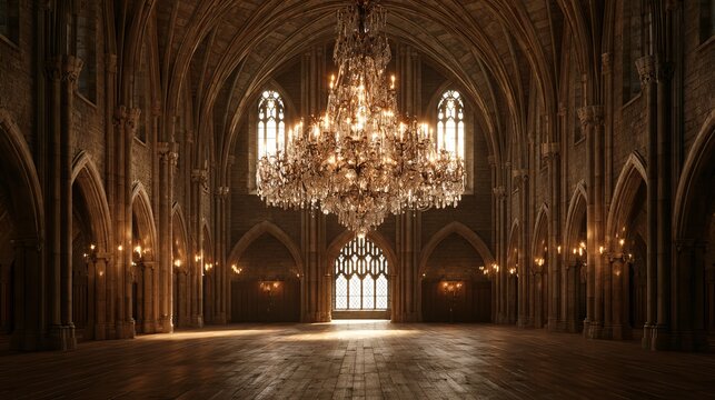 Grand cathedral interior showcases stunning gothic architecture, with a brilliant chandelier and diffused light filtering through stained glass