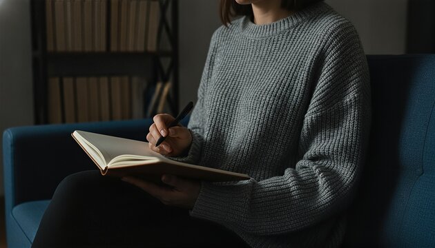 Young woman writing reflectively in a blank journal while seated on a soft couch in a dim, modern living room at dusk