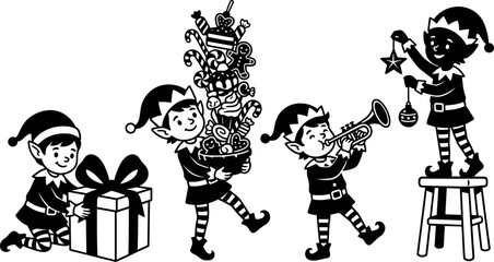 Naklejka premium Elves Celebrating with Gifts, Candy Canes, and Musical Instruments
