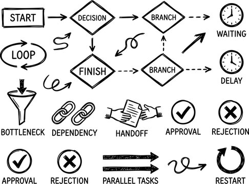 Flowchart elements and business process icons drawn in black line art sketch style illustrate management workflows, decision trees, organizational loops, and operational bottlenecks on a white.