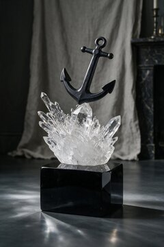 Conceptual black boat anchor dropping splash sculpture with quartz crystals on a marble base.