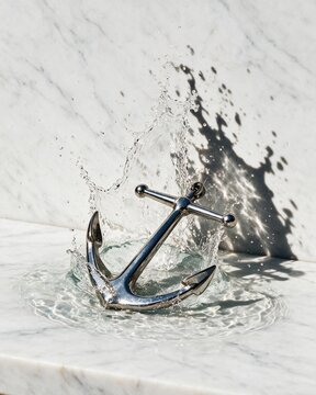Chrome boat anchor dropping splash with water spray on white marble background.