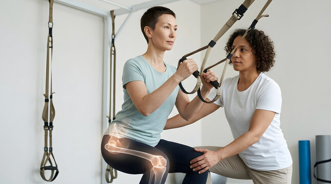 Physical therapy, woman and rehabilitation with suspension trainer, hip pain and knee injury recovery. Physiotherapist, exercise and medical care in clinic for musculoskeletal health, wellness