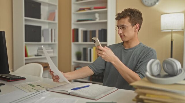 Young man holding smartphone and sheet of paper while studying and taking notes at a desk in building; concentration study.