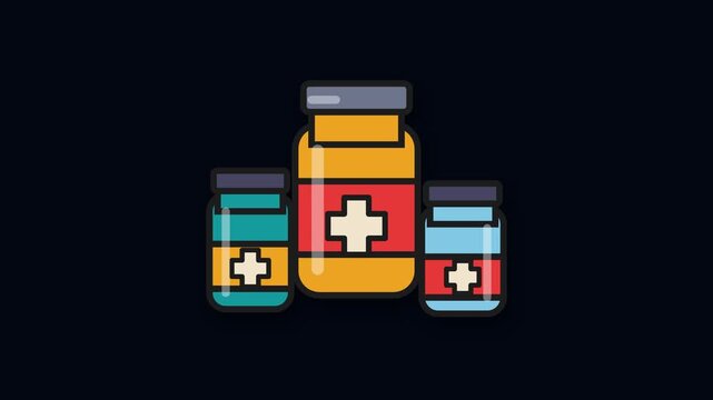 Medical Security Hub Flat Vector Illustration of Medicine Pill Bottles and Healthcare Supplements on Dark Background