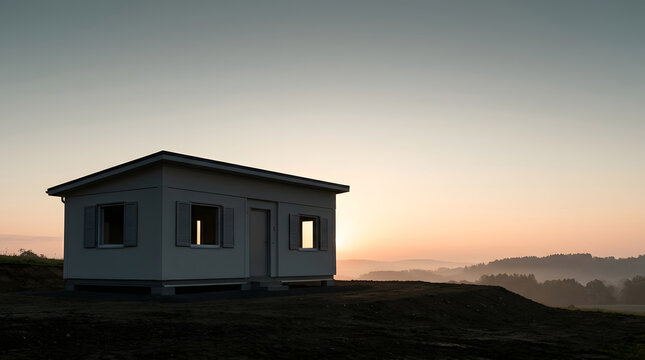 Tiny house, modular home and cabin in nature with sunrise, architecture and construction project. Modern living, prefab building and landscape at dawn for sustainable housing and real estate site