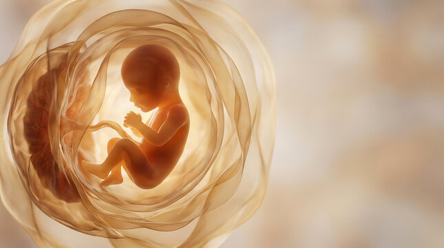3D medical illustration of a human fetus developing inside the womb with umbilical cord