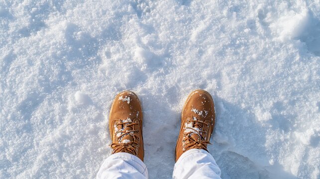Top view of brown winter boots standing on fresh white snow in bright sunlight