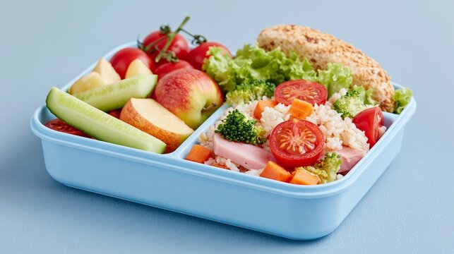 Healthy balanced lunch box with rice, ham, fresh vegetables, apple and whole grain bread on a blue background