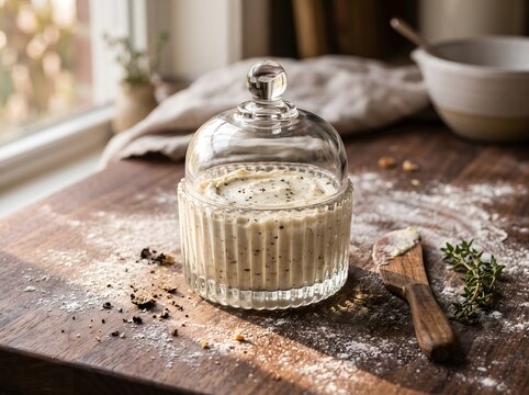 Butter Under a Glass Cloche with Herbs on a Rustic Wooden Kitchen Table Surrounded by Flour Crumbs and Baking Tools for Homemade Cooking and Food Styling