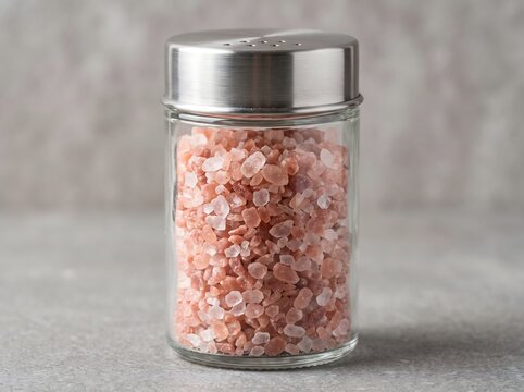 Pink Salt Crystals in a Clear Glass Shaker with Stainless Steel Lid on a Neutral Kitchen Surface for Seasoning Culinary Ingredient Packaging Food Preparation and Healthy Lifestyle Concepts
