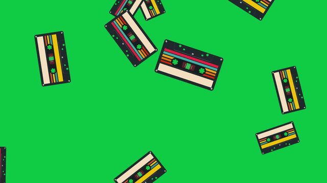 retro cassette tape falling green screen animation,music and song retro party and musical nightclub isolated social media motion design element