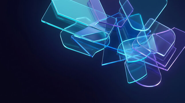 Abstract background with glowing blue and purple geometric shapes and digital light lines on a dark surface