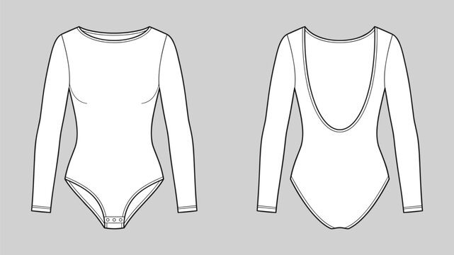 technical drawing fashion of women bodysuit with long sleeve, round neck and deep scoop back