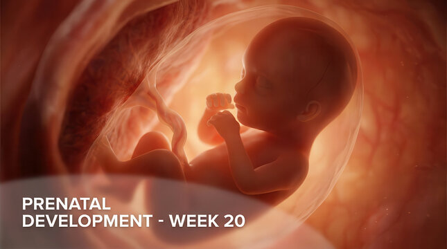 Medical illustration of a human fetus at twenty weeks of development inside the womb