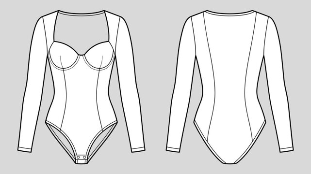 technical drawing fashion of women bodysuit with long sleeve, sweetheart neckline and bustier panels